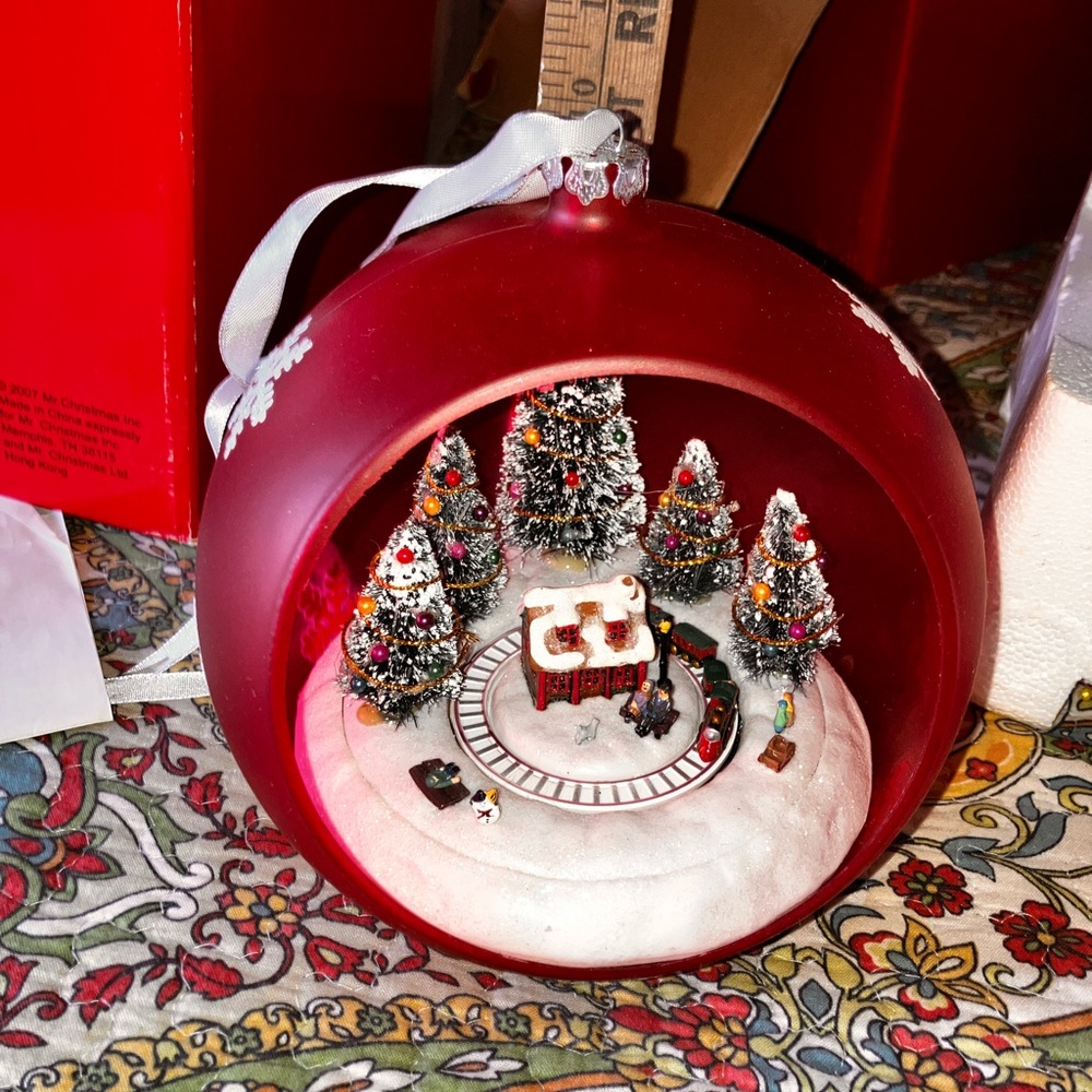 Jumbo Red Christmas Ornament with Miniature Train Scene